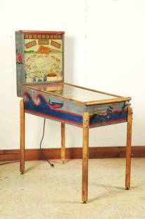 Exhibits Flash Pinball Machine (1939).: Rare game, flipperless, back glass light animation, speedboat racing theme, spring bumpers. All bumper caps look complete. Back glass is faded with light flaking. Cabinet is original. Degree of play