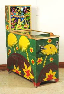 United Tropicana Pinball Machine (1948).: Extremely rare, Flipperless, roll down machine. Bumper caps are complete. Back glass is original with flaking in various places. Light bulb scoring. Cabinet and lower wooden skirt are all original to