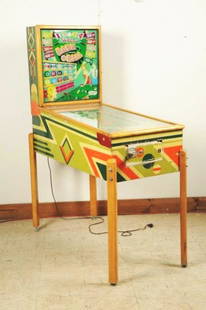 Gottlieb Bank a Ball Pinball Machine (1950).: Cabinet is original. Very rare Turret Shooter Pool Themed game. Original back glass with perfect new plastics and beautifully silkscreen original wood pinball apron. Degree of play difficulty: medium