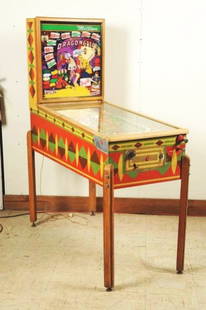 Gottlieb Dragonette Pinball Machine (1954).: Rare "Double Award" game (for double the price 10 cents get double free games) with the perfect original plexiglass back glass made for the European Market, great humor on the word Drag. Hidden