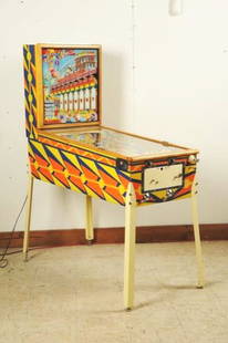 Gottlieb Sittin' Pretty Pinball Machine (1958).: Average difficulty to obtain. Back glass light animation (clowns fall into carnival dunk tanks). Complete restoration with door frame and coin return chromed. Plastics and bumper caps are excellent. 