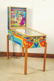 Gottlieb Coronation Pinball Machine (1952).: Above average difficulty to find. New plastics and extended posts, which were needed but never put on the game to prevent switches from getting stuck. Gottlieb's special purple is used on the Queens