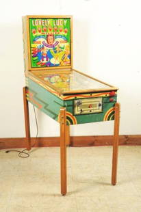 Gottlieb Lovely Lucy Pinball Machine (1954).: Very difficult to find in good condition. Themed based on the TV show "I Love Lucy', in the 1950s. Asymmetrical post layout with many gobble holes. Beautiful new plastics. A Leroy Parker Original