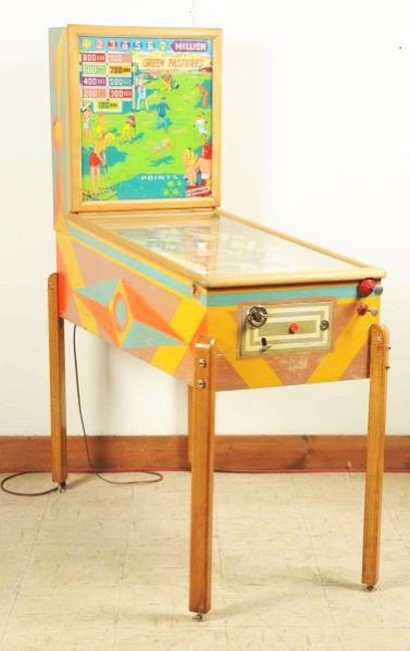 Gottlieb Green Pastures Pinball Machine (1954).: Very rare to find. Light animation on backglass croquet theme with Parker Pinup Girls throughout. Single player. Minor touch ups on the play field. Bumper caps look to be original. Back glass is a rep