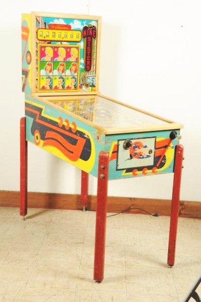 Williams Nine Sisters Pinball Machine (1953).: Hard to locate with good backglass single flipper makes for an interesting play. Harry Williams imaginative and innovative design; kick-out saucers, chrome ramps, capture holes for free games, asymmet