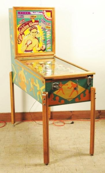 Chicago Coin Golden Glove Pinball Machine (1949).: Hard game to locate because of low production. A Charles Leroy Parker masterpiece sports boxing theme with a small ring in the middle. The more the Pop Bumper is hit the more the ball bounces off the 
