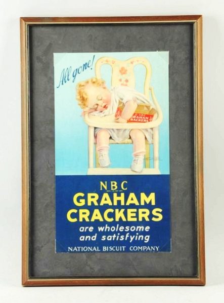 1920s-30s NBC Graham Cracker Cardboard Sign.: Framed under glass and featuring nice artwork by Pearl Hill. Very minor soiling and mildew spotting with just light wear and marks. Condition (Excellent). Size Framed: 16" x 23 - 1/2".