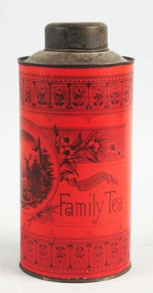 Moorehouse Family Tea Tin.: 1870-80s with small nicks and light wear. Condition (Excellent). Size 8 - 3/4" T.