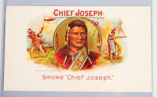 Chief Joseph Inner Cigar Label.: Signed "Petre Schmidt & Sergmann, Lith NY". Top edge possibly trimmed, but image is strong. Condition (Excellent). Size 10" x 5 - 7/8".