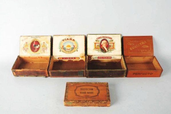 Lot of 5: Cigar Boxes.: All are wooden and three have heavier soiling and overall wear. A few have nice interior labels. Condition (Very Good). Size Largest: 9 - 1/2" L.