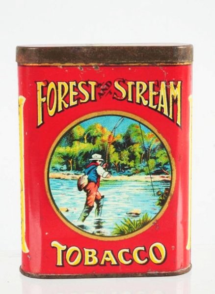 Forest & Stream Vertical Tobacco Pocket Tin.: This is the creel top version. Super color and graphics. Visually appealing. Minimal wear with modest tarnishing to the lid. Condition (Excellent). Size 4" T.