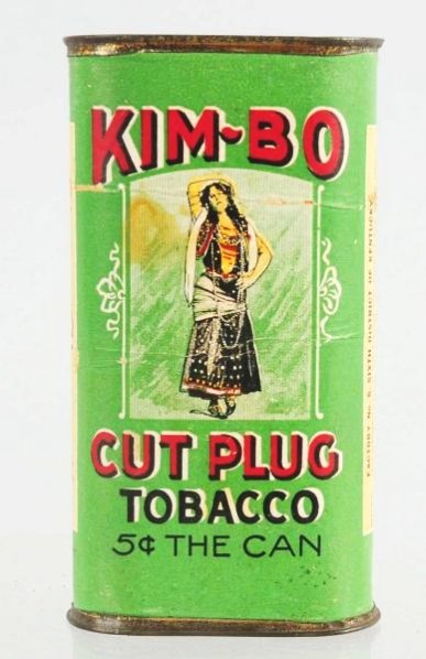 Kim-Bo Cut Plug Tobacco Can.: Nicely detailed with good color. Has a cardboard body with a tin top and bottom. Appears to have never been opened. Has some light scattered staining. Condition (Excellent(). Size 4 - 1/4" T.