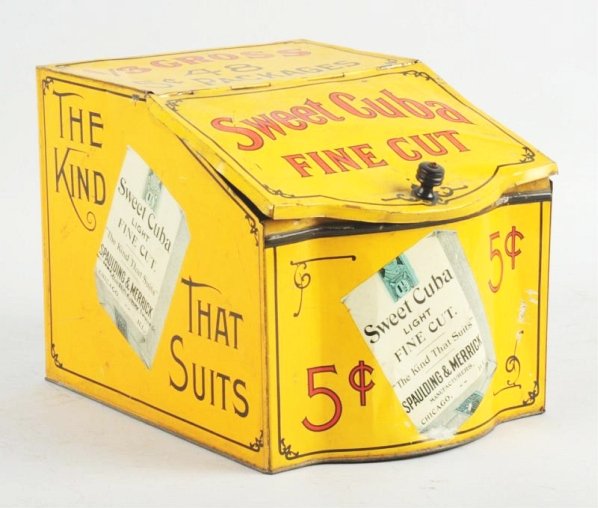 Sweet Cuba 5-Cent Tobacco Tin.: Dents in lid and body, with wear and scratches and moderate wear. Condition (Very Good). Size 10 - 1/4" L.