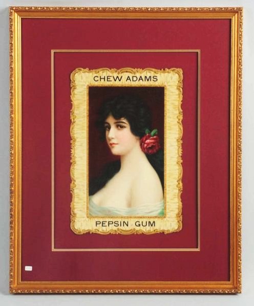 Circa 1910 Adams Pepsin Gum Cardboard Cutout.: Beautifully framed and matted under glass. Strong condition with minor tape stain to lower right corner. A few tiny pin holes in upper corners and bottom center, a few small edge nicks. Condition (Exc