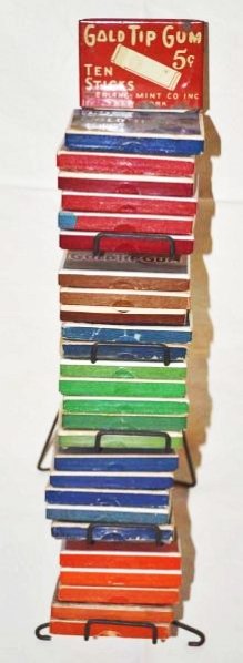 Gold Tip Gum Counter-top Displays.: Display is in very good condition. Stand is metal. Paper boxes are empty. Comes with 25 boxes. Condition (8.9). Size 16" x 6" x 8"