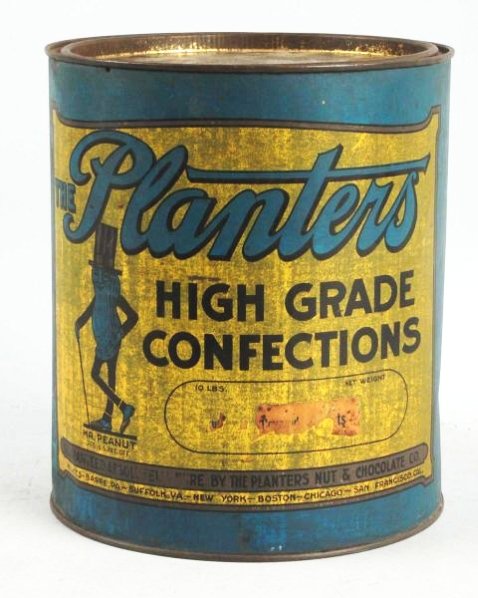 Large 10lb. Planters Peanut Can.: 1920s/30s. Nice image. Very unusual early can. Aqua blue and gold color. Very hard to find. Condition (Very Good - Excellent). Size 9 - 1/2" T.