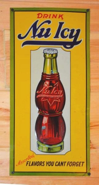 Nu Icy "Flavors You Can't Forget" Sign.: Flavors you can't forget". SST sign. Great color and shine. Does have some wear. Marked Robertson Steel and Iron Co. Condition (8.9). Size 20" x 9