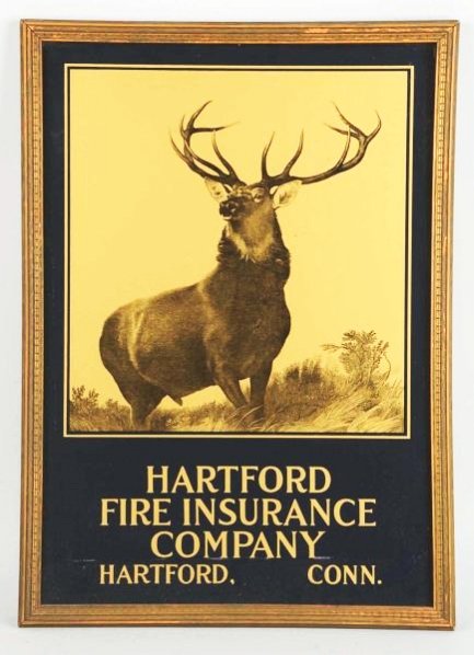 Hartford Fire Insurance Co. Reverse on Glass Sign: A spectacular piece. Depicting the trademark image of an Elk. With crisp and clear lettering. Like new. Condition (Near Mint). Size Framed: 15" x 21".