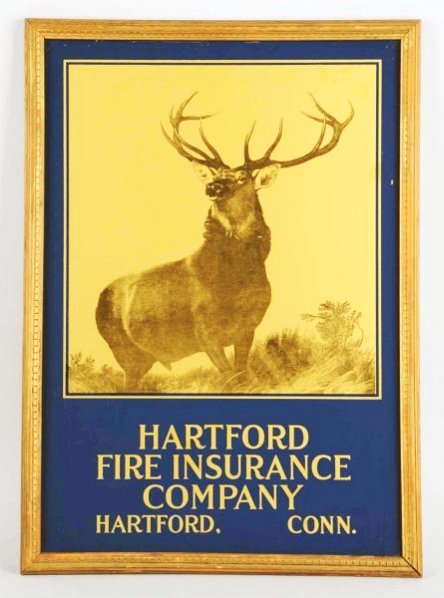 Hartford Fire Insurance Co. Reverse on Glass Sign: A spectacular piece. Depicting the trademark image of an Elk. With crisp and clear lettering. Like new. Condition (Near Mint). Size Framed: 21 - 1/4" x 15 - 1/4".