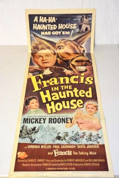 "Francis in the Haunted House" Movie Poster.: Paper movie poster. Great colors. Has some wear and minor rips around edge. Copyright 1956. Condition (8). Size 36" x 14"