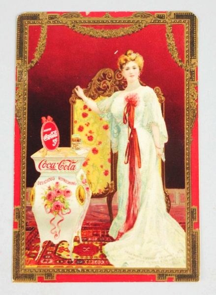 1904 Coca-Cola Menu Card.: Margin is trimmed. Edge nicks, with glue residue and paper chipping non back of piece. Condition (Very Good). Size 5 - 3/4" x 4".