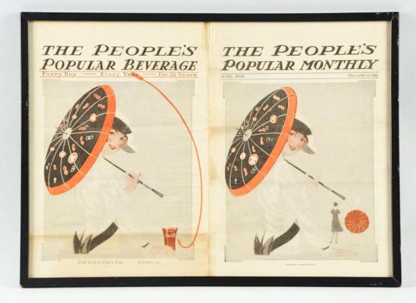1914 Peoples Monthly Magazine & Coca-Cola Ad.: The same front cover image is slightly modified for a back cover Coca-Cola ad and is an unusual touch! Medium wear, folds and stains, with tape repair at center seam. Condition (Very Good). Size Frame