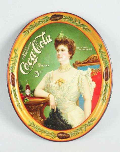 1905 small oval Coca-Cola Bottle Tray.: Some denting and light surface wear with color loss on her cheek and light rim wear. Condition (Very Good). Size 13" T.