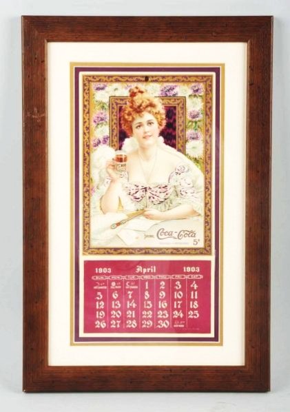 1903 Coca-Cola Calendar.: Nicely framed under plexiglass. Absolutely stunning and vibrant example. Single April page copy. Calendar top is beyond comparison with bright, bold, vivid untouched colors. Golds and purples jump off