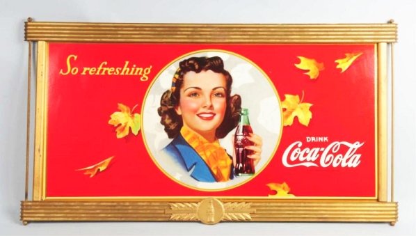 1941 Large Coca-Cola Cardboard Poster & Kay Frame: Very minor lower corner bends and light edge wear. With a few mild surface marks and light overall wear only. Condition (Excellent Plus). Size Framed: 62 - 1/2" x 34 - 1/2".