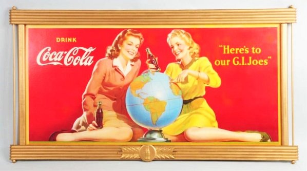 1944 Large Coca-Cola Poster.: Mounted in original Kay frame. Great image and not often found with just light wear or soiling. A few small ripple marks and a few very small areas of well-done restoration. Displays quite well. Condi