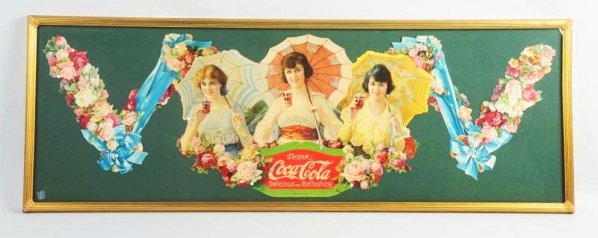 Circa 1918 Coca-Cola Umbrella Girls Festoon.: Framed under glass. Clean and beautiful with only the most minor of any tiny edge wear or surface marks. Also has small edge tear lower right area of center piece and two small expertly restored edge