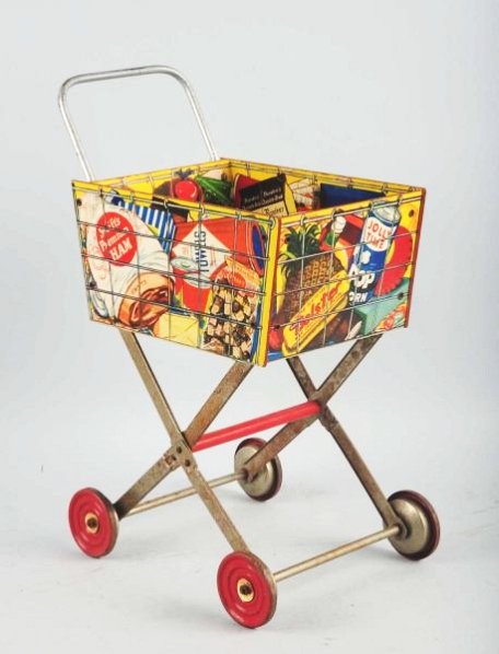 1950s Coca-Cola Toy Shopping Cart.: Strong colors on cart, with rust on metal and plated parts. Condition (Very Good Plus).