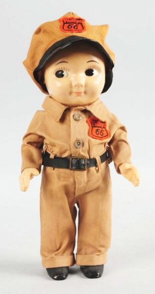 Phillips 66 Buddy Lee Doll.: Has two original patches and the original tag on the pants. Plastic constructions with light rubs and wear only. Condition (Excellent). Size 12 - 1/2" T.