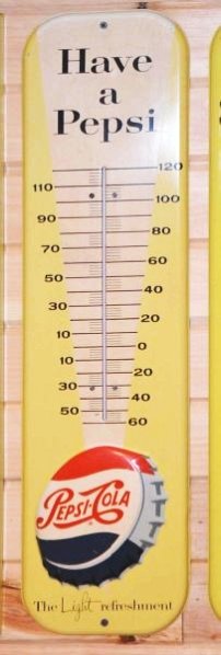 Pepsi Tin Embossed Thermometer.: Have a Pepsi with bottle cap graphics. Tin embossed thermometer. Excellent color and shine. Tube appears to be good. Condition (9). Size 27" x 7"