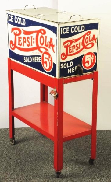 A few mild bends with light mildew stains, mostly: This piece is designed for countertop use, but this one displays as a floor model because it has its original rolling floor stand, complete with opener. Great color remains and strong overall conditio