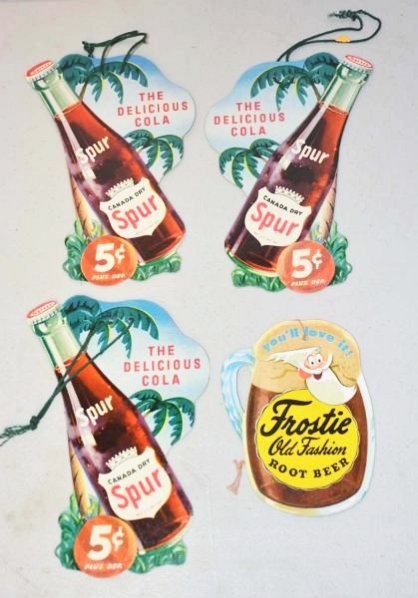 Lot of 4: Piece Cardboard Soda Advertising.: Canada Dry Spur and Frostie Old Fashion Root Beer. Good shape with good color. Condition (9). Size 8" x 5"