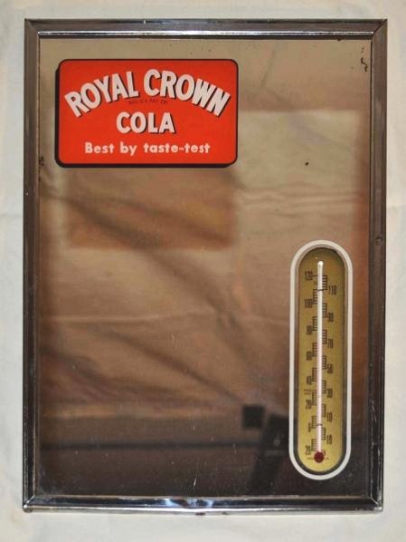 Royal Crown Cola Mirror Thermometer.: Thermometer is in good condition. Mirror has minor wear. Condition (8.9) Size 12" x 9"