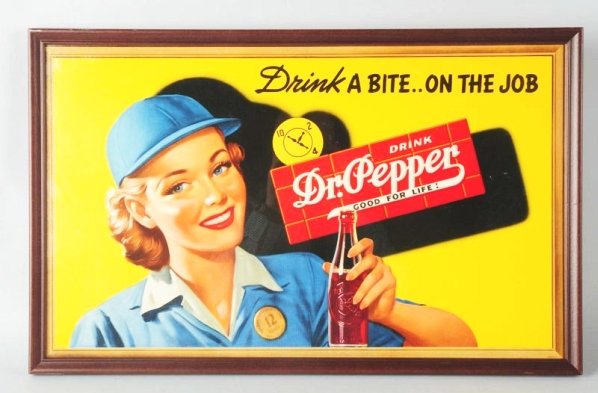 1940s Dr. Pepper Small Cardboard Poster.: Framed and matted under glass. Great image and strong colors with very little marks or wear. Condition (Near Mint). Size Framed: 16 - 1/2" x 26".