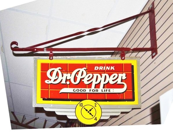 Drink Dr. Pepper "Good For Life" Sign.: 10-2-4 tile background. DST die cut sign with hanger. Has good color and shine. Light wear and scratches. Condition (7.9). Size 24" x 36"