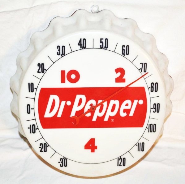 Dr. Pepper Bottle Cap Thermometer.: Thermometer is in good condition with light wear. Condition (9). Size 11" x 2.5"