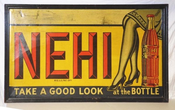 Nehi Beverages Wooden Framed Sign.: Take a good look at the bottle". SST wood framed sign. Great graphics of a woman's legs. Paint has flaked off in a few places but overall is a great sign. Condition (7). Size 36" x 60