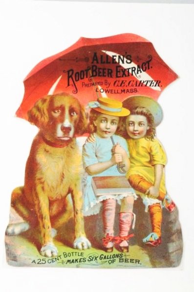 1887 Allen’s Root Beer Extract Die Cut.: Only the most minor of small marks or soiling. Condition (Near Mint). Size 10" x 7 - 1/2".
