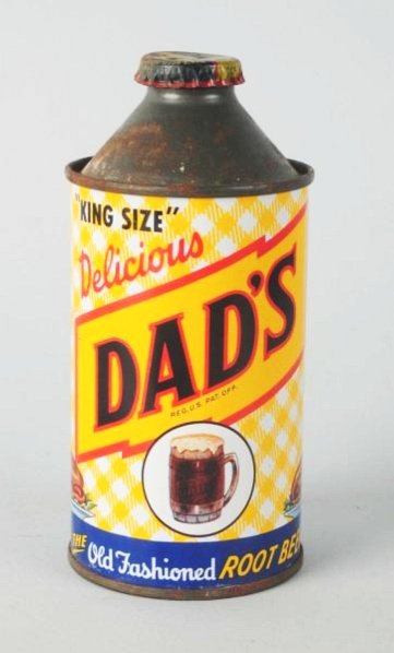 Dads Root Beer Cone Top Can.: 12oz size from the late 40s to early 50s. Complete with a bottle cap. A few very small dents and tiny areas of minor surface rust. Colors are strong. Condition (Excellent). Size 5 - 1/2" T.