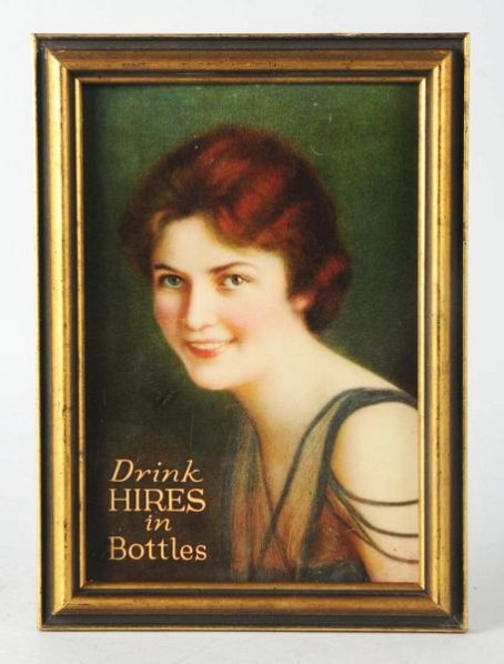 1920s Hires Root Beer Tin Sign.: A few shallow bends and crimps with a few small surface scratches, marks, and nicks, a couple of which have touch up. Framed with no glass. Condition (Very Good Plus). Size Framed: 10 - 3/4" x 7 - 3/4