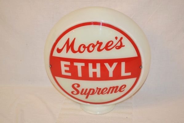 Moore's Ethyl Supreme Lenses.: On a glass globe body. Display lens is good. Reverse has chip at top. Bottom lenses are silicone in. Body is good. Condition Rated 9 & 7. Size 13.5".