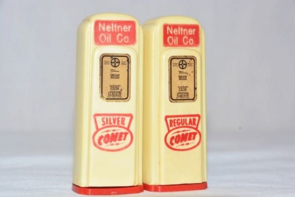 Neltner Oil Silver & Comet Gas Pump Shakers.: Paper and ink stamped. Both in good condition. Size 2.75" T.