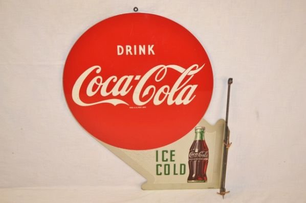 Drink Coca-Cola, Ice Cold with Bottle Graphics.: Tin flange sign. Excellent color and shine. Has minor wear and light paper marks. Marked A-M. Dated 1951. Condition Rated 8.5 both sides. Size 22" x 18".