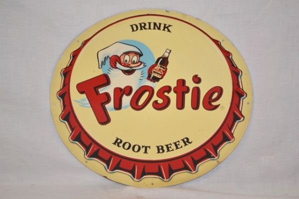 Drink Frostie Root Beer Sign.: SST embossed sign. In good condition. Condition Rated 8.9. Size 13".