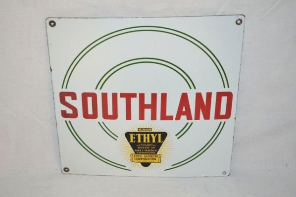 Southland with Ethyl Logo Sign.: PPP sign, 12x12 inches, excellent color and gloss, one small chip at bottom edge has been touched up. Condition Rated 9.