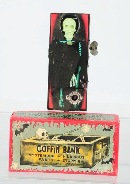 Coffin Bank.: In original box. Working condition. Condition (Excellent Plus). Size Each: 6 - 1/2" T.